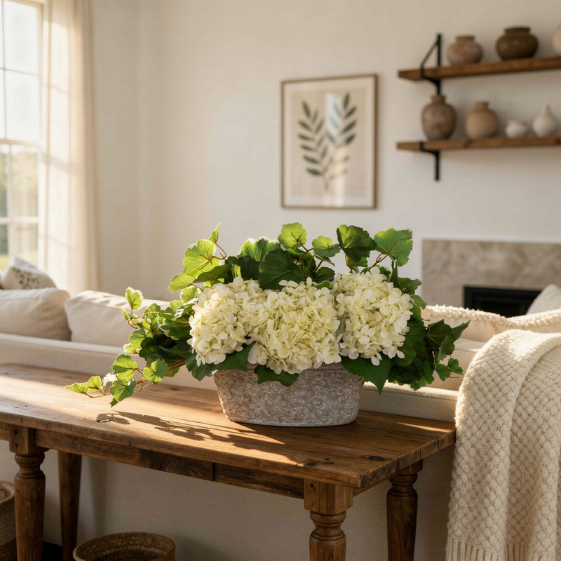 Hortensias et lierre dans un vase décoratif en pierre, Blanc