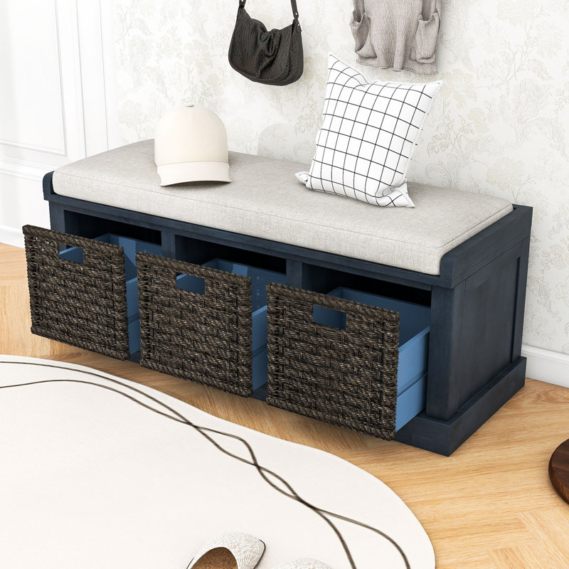 Rustic Storage Bench with 3 Rattan Baskets and Removable Cushion, Antique Navy
