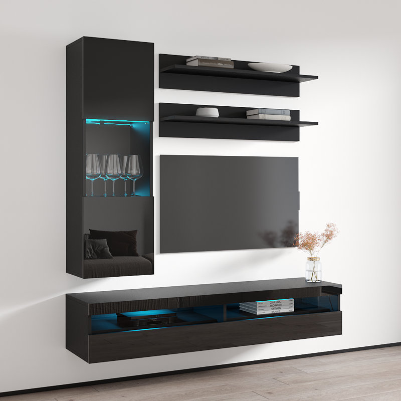 Lineville 63" Modern Floating Wall Mounted Entertainment Center with 16-Color LED Lighting, High Gloss Finish, Black