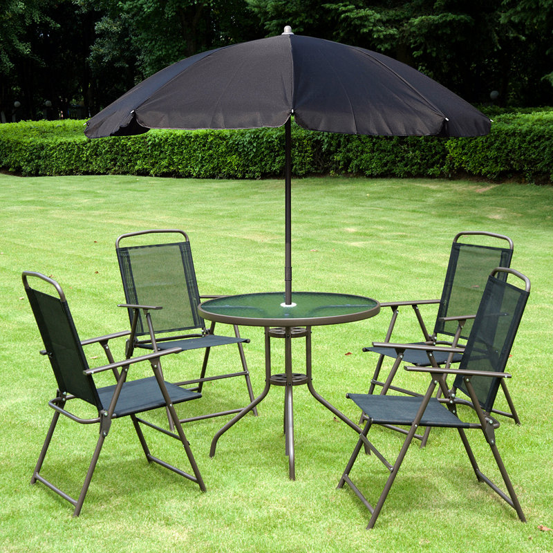 Ensemble de salle à manger de patio 6 pièces pour 4 personnes avec parasol, table d'extérieur et chaises avec 4 chaises pliantes et table ronde en verre pour le jardin, la cour et la piscine