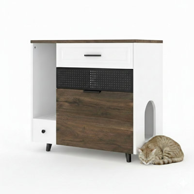 Table de bout cachée pour litière pour chat, finition blanche et brune, comprend deux tiroirs et un compartiment de porte pour le bac à litière