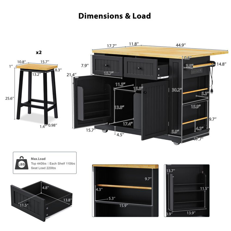 Kitchen Island with 2 Bar Stools, Black
