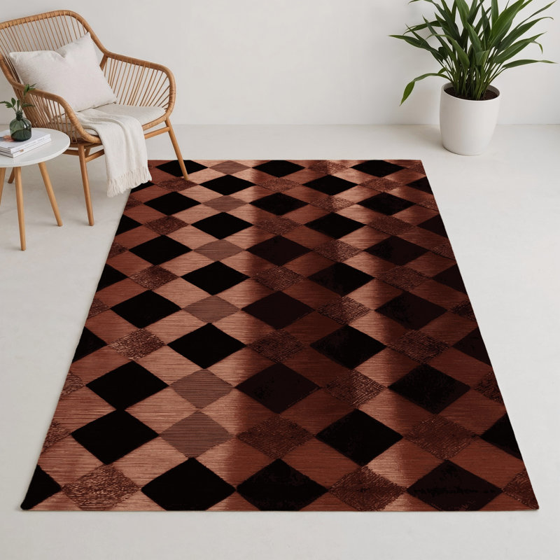 Tapis d'intérieur et d'extérieur à carreaux brun, Rectangle 5' x 7'