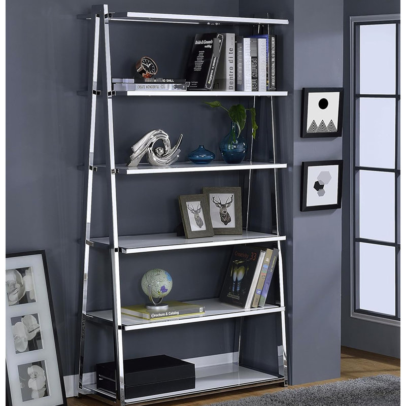 Étagère rectangulaire à 6 tablettes avec cadre blanc lustré et structure métallique