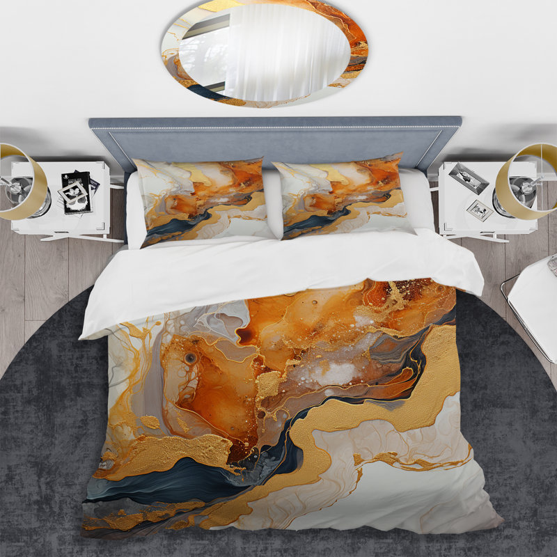 Ensemble de housse de couette Geode Lava I doré et blanc, Housse de couette pour très grand lit et 2 très 