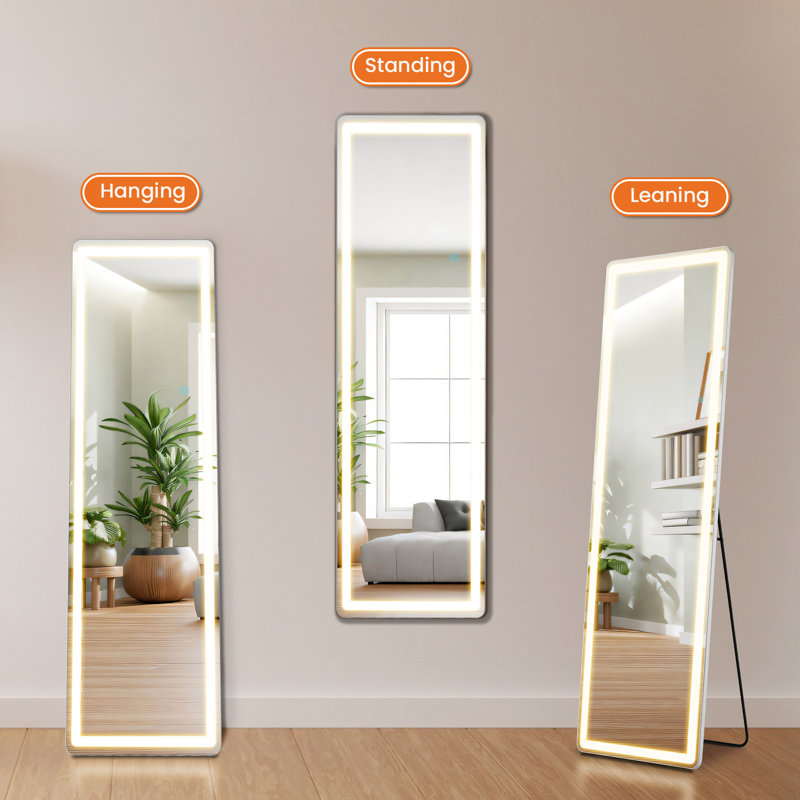 3 Color Lighting Mirror With LED Lights, Lighted Floor Standing Mirror With Stand, 15.7" x 59.8", Cream