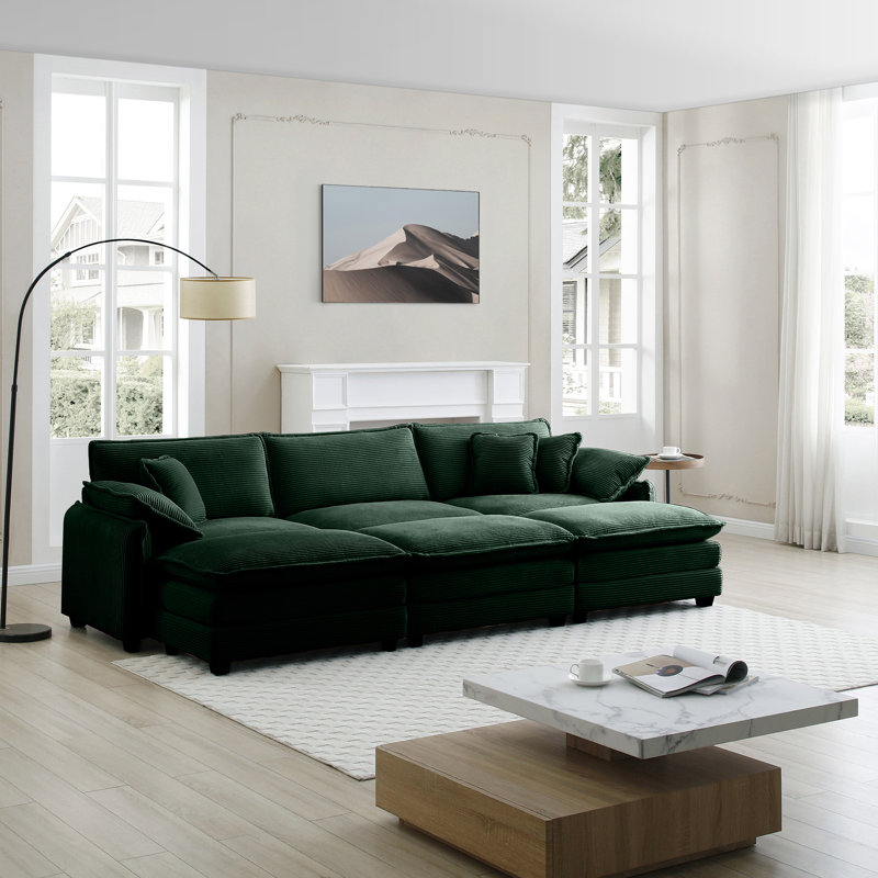 Kaoruko Oversized Modular Cushioned Sofa,With 3 Ottomans To Work As Sleeper Sofa Beds, 3-Seater Sofa With 3 Footstools, Green