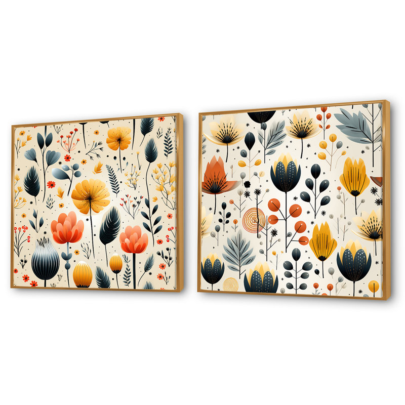 Ines - Ensemble de 2 collages carrés botaniques abstraits, Cadre flottant doré, H 16 po x l 33 po