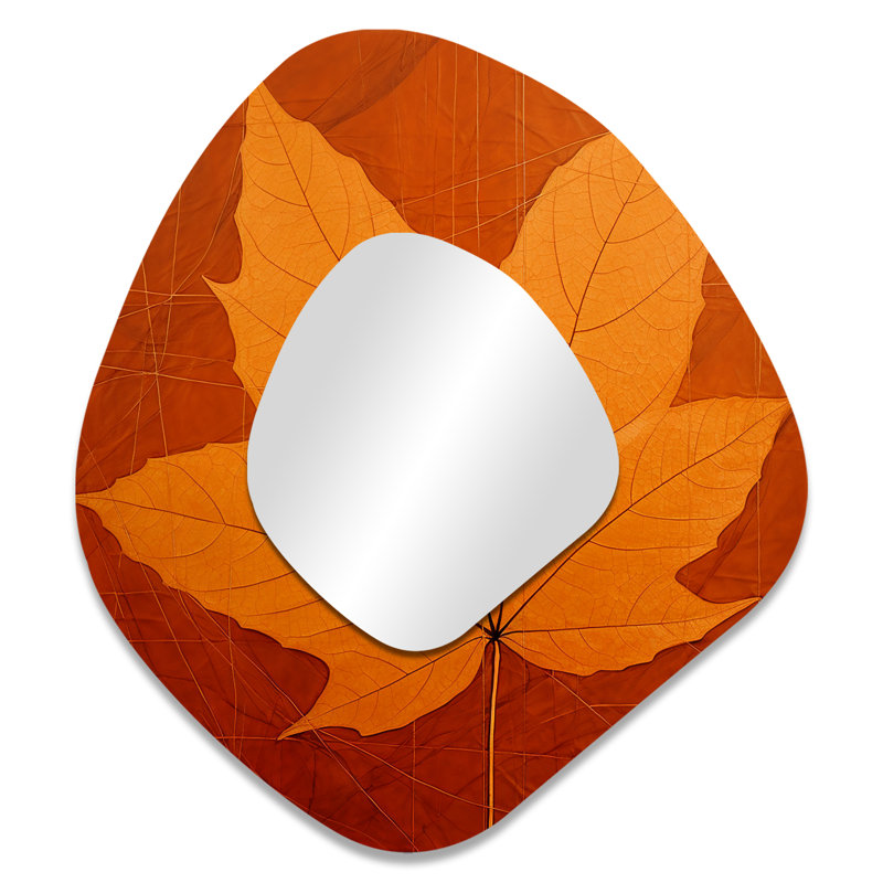 «Amber Autumn Maple Leaves» - miroir mural de forme unique à feuilles, miroir décoratif asymétrique orange, impression d'art en métal