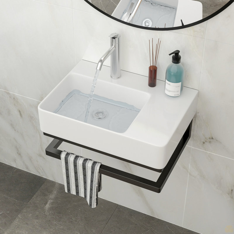 Wall-Mounted Rectangular Ceramic Bathroom Sink With Black Towel Bar & Faucet Hole