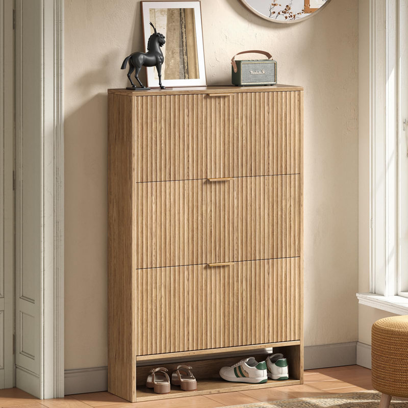 31.5''w Shoe Storage Cabinet For Entryway With 3 Flip Drawers, Fluted Slim Shoe Cabinet For Foyer, Hallway, Oak Wood