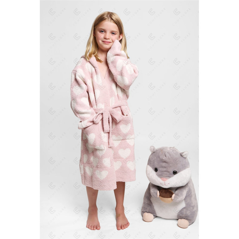 Children'S Patterned Luxury Soft Hooded Robe W/ Front Pockets Belt - HEART