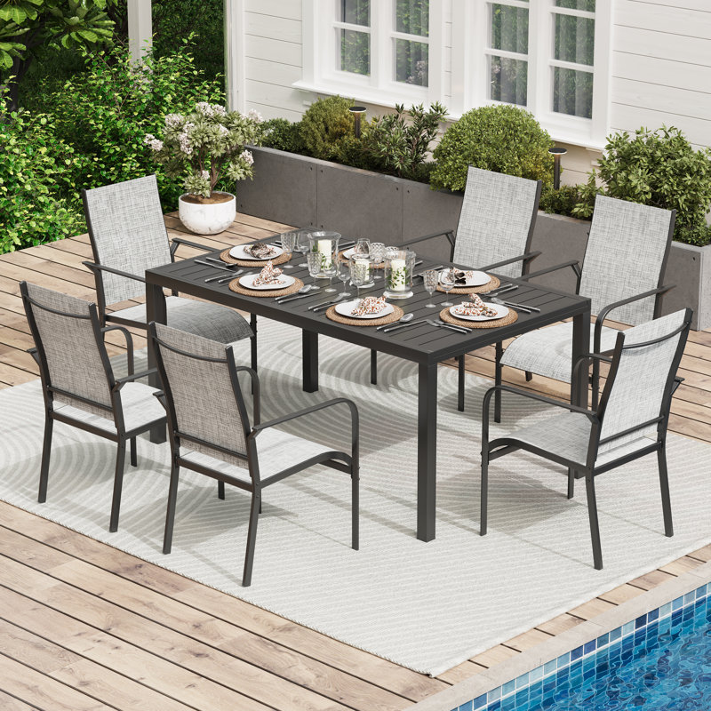7 Piece Patio Expandable Table Dining Set, Outdoor Dining Table And Chairs Set For 4 To 8, 6 PVC-coated polyester Chairs, 1 Iron Expandable Dining Table, Patio Furniture Set For Deck, Backyard, Lawn, Poolside
