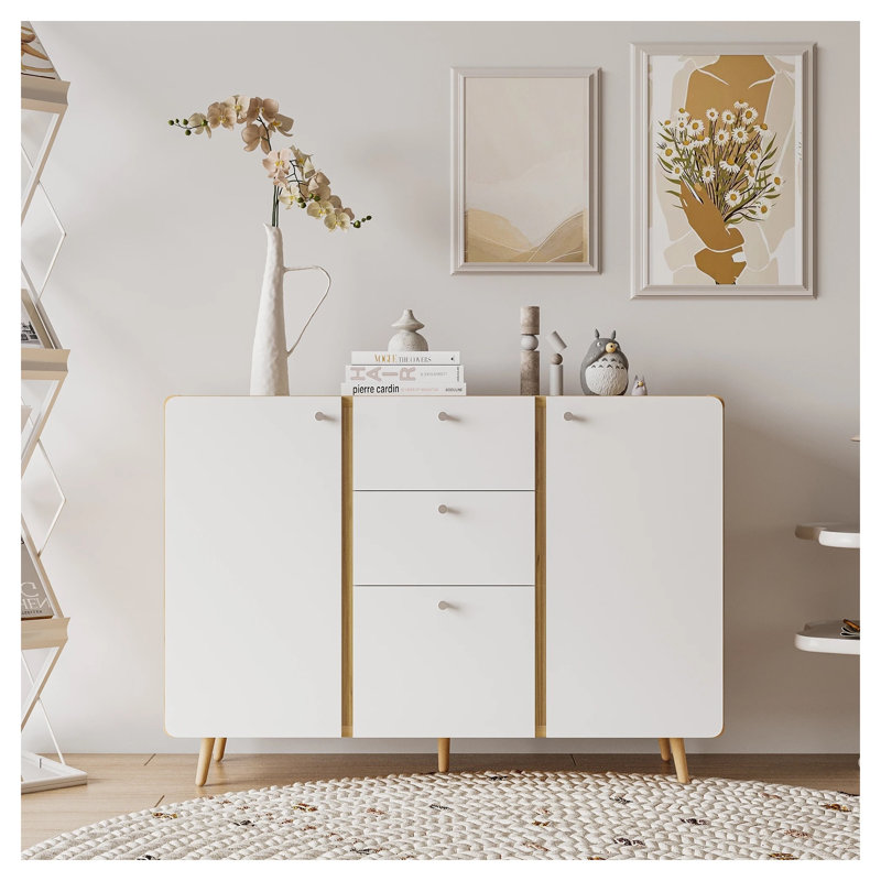 Buffet moderne blanc avec 3 tiroirs et tablettes réglables, console de rangement Mid-Century pour le salon et la salle à manger