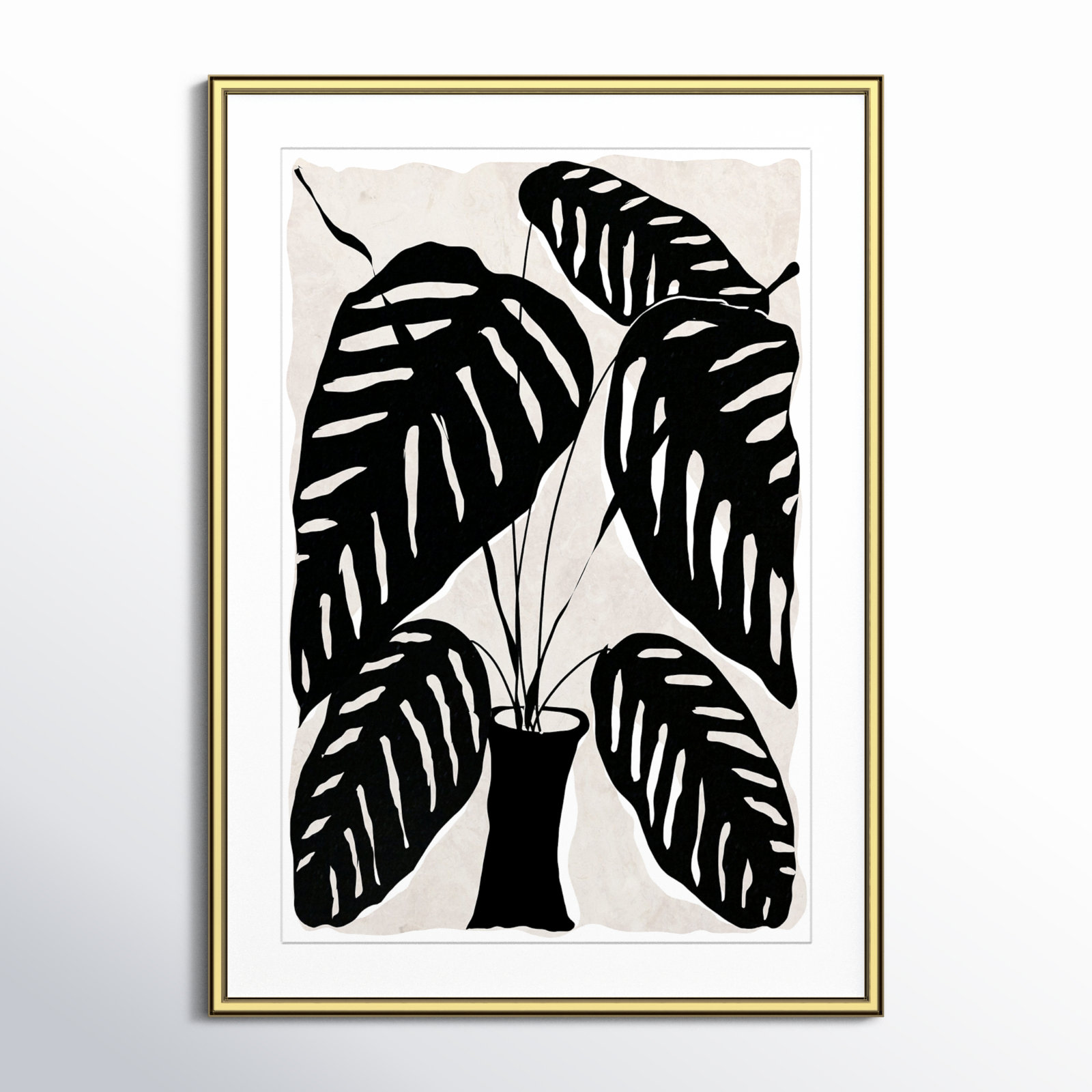 Black and White Potted Plant I Print, Gold Framed, 36.75" H x 26.75" W x 0.88" D