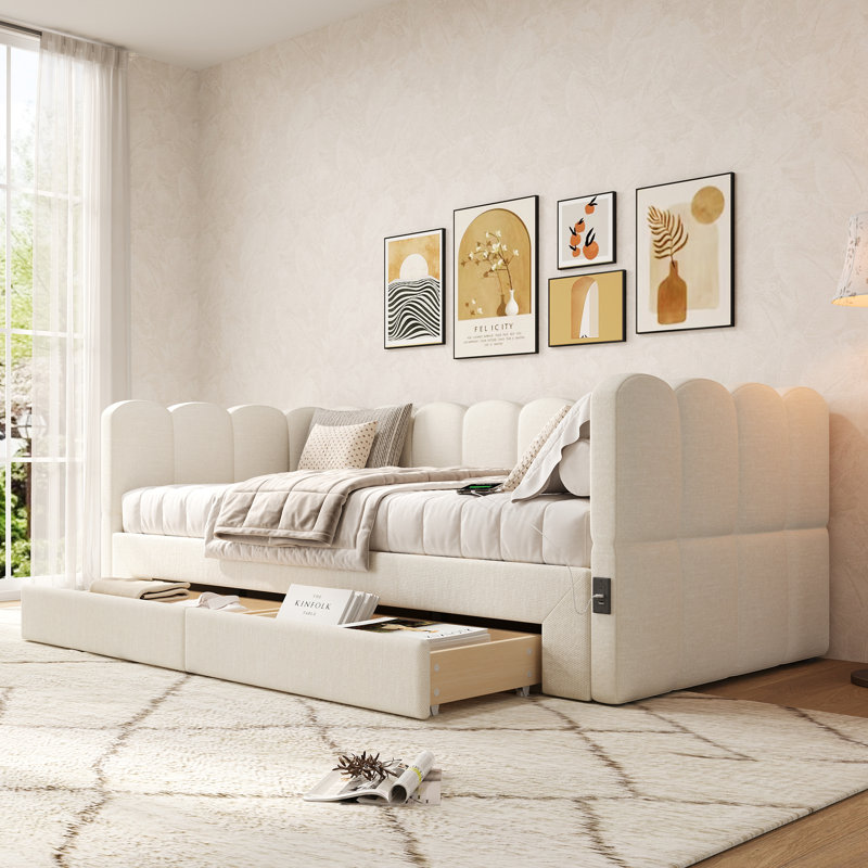 Metal Daybed with Trundle, Beige