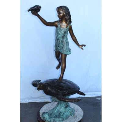 Yuriko Brass Adventurous girl on a turtle bronze statue fountain -  Size: 35" x 29" x 56"H.