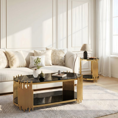 Ensemble de tables basses et tables d'appoint Modern Luxury Modern, 2 tables gigognes ovales en verre noir avec tiges verticales en métal rythmiques, finition or poli pour le bureau du salon