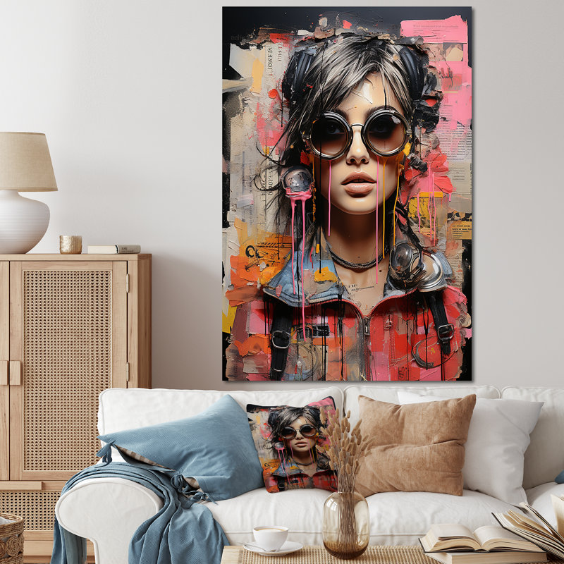Pink Grunge Woman In Collage I - Woman Pop Art Wall Art, Wrapped Canvas, 60" H x 40" W x 1.5" D
