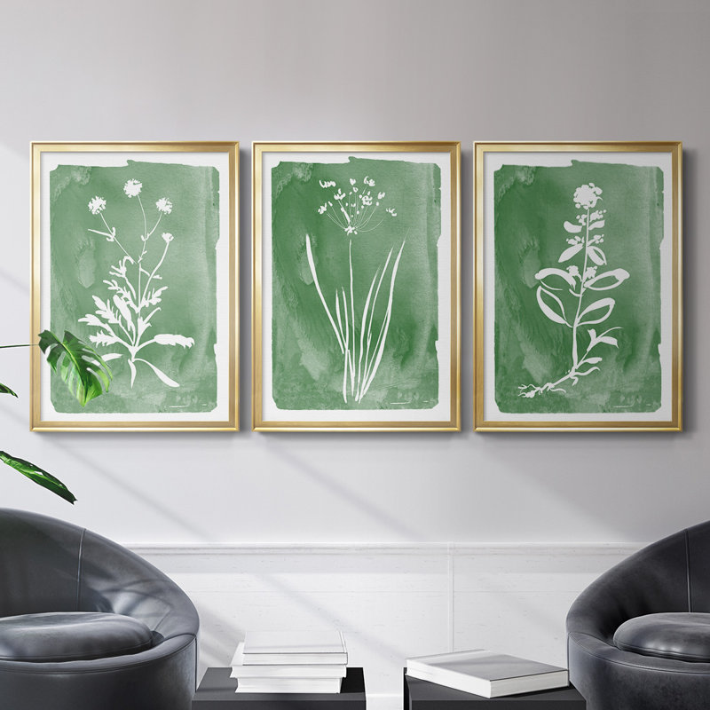 Toile encadrée de qualité supérieure Green Botanical I - prête à être accrochée, Cadre doré, H 36,5 po x l 53 po x P 2,5 po