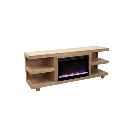 65" Tv Stand With Fireplace Insert, Natural Finish, 75" Accommodation, Concealed Cable Openings Stand, Fits Tvs, Veneer, Automatic Temperature Control, Open Shelving