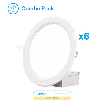 Infibrite 6 Inch Thin Recessed LED Ceiling Light Kit with Baffle Trim, Soft White 2700 Kelvin Light, White Finish, 12 Watt, 1050 Lumens, Dimmable, Wet Rated, Set of 6