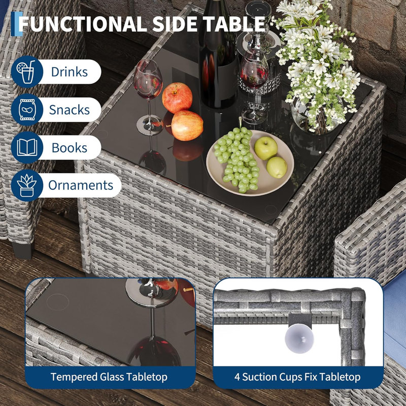 3-Piece Patio Conversation Set, Wicker Armchairs, Cushions, Glass Table Garden, Blue, Gray