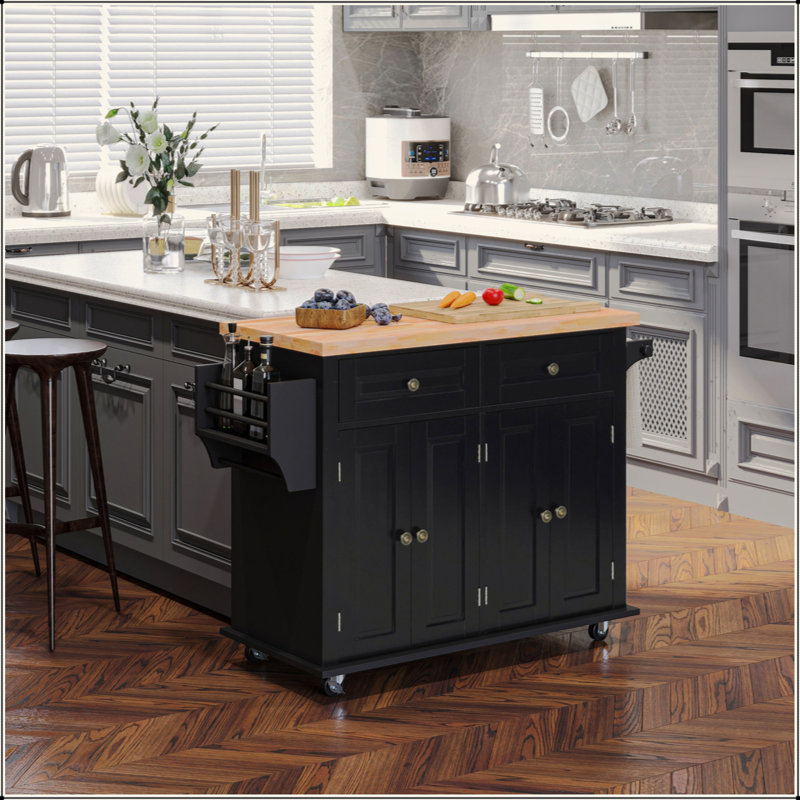 Kitchen Island On Wheels, Rolling Cart With Rubberwood Top, Spice Rack, Towel Rack And Drawers For Dining Room, Black