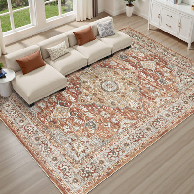 Boho Tribal Washable Vintage Oriental Area Rug for Living Room Bedroom-Red/Brown