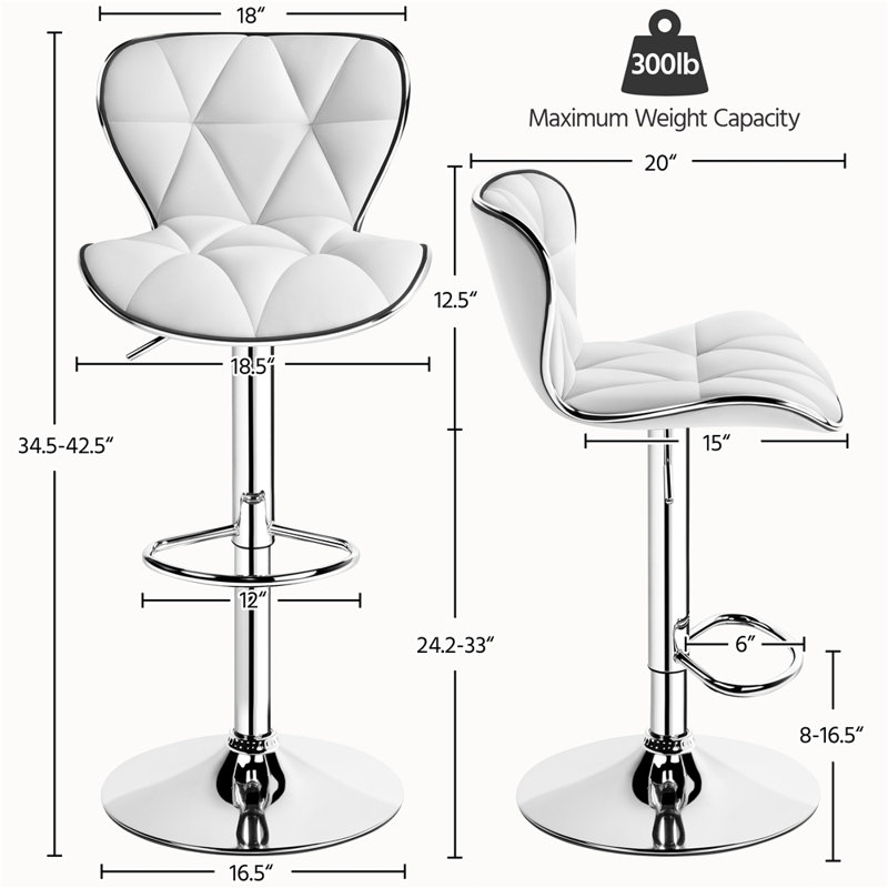 Elna Stylish Adjustable PU Leather Swivel Bar Stool Counter Height Bar Chairs with Large  Base, White