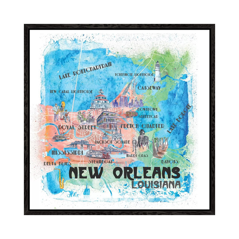 New Orleans Louisiana USA Illustrated Map by Markus & Martina Bleichner - Painting on Canvas, Black Floater Framed
