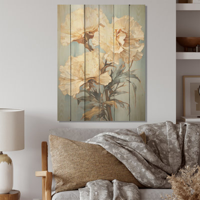 Œillets beiges sur fond bleu - œillets, art mural sur bois de pin naturel