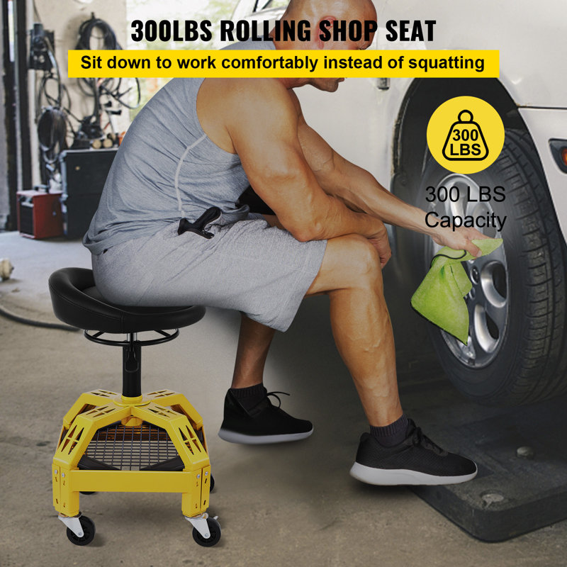 Rolling Garage Stool, 300LBS Capacity, Adjustable Height from 24 in to 28.7