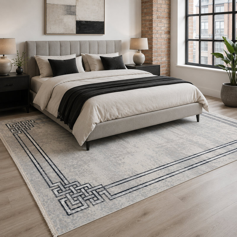 Netline Home Symmetric Linework Mid Grey Modern Washable Rug, 200 cm round