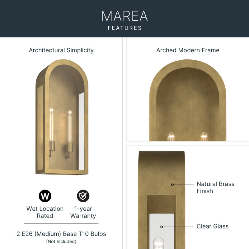 Marea 25 Inch 2 Light Outdoor Wall Light with Clear Glass in Natural Brass, 25" H x 11" W x 5.75" D, Natural Brass