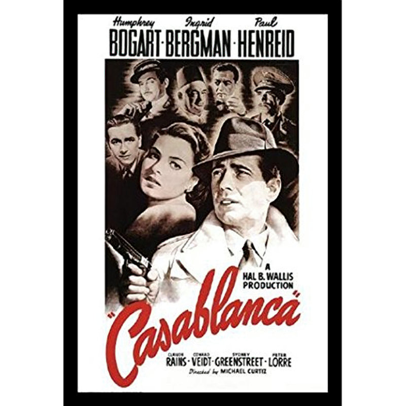 Casablanca Bogart, Henreid-impression de publicités sur papier, H 38,5 po x l 26,5 po x P 1,25 po, Papier encadré noir