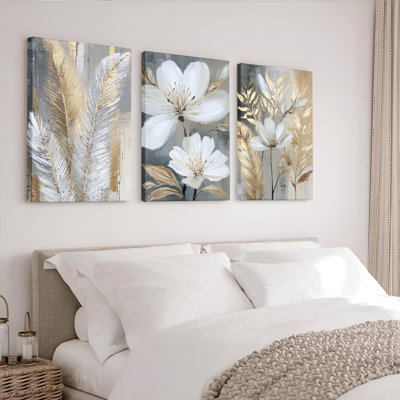 Gold and White Floral Canvas Wrapped Wall Art, Abstract Botanical Print (Set of 3)
