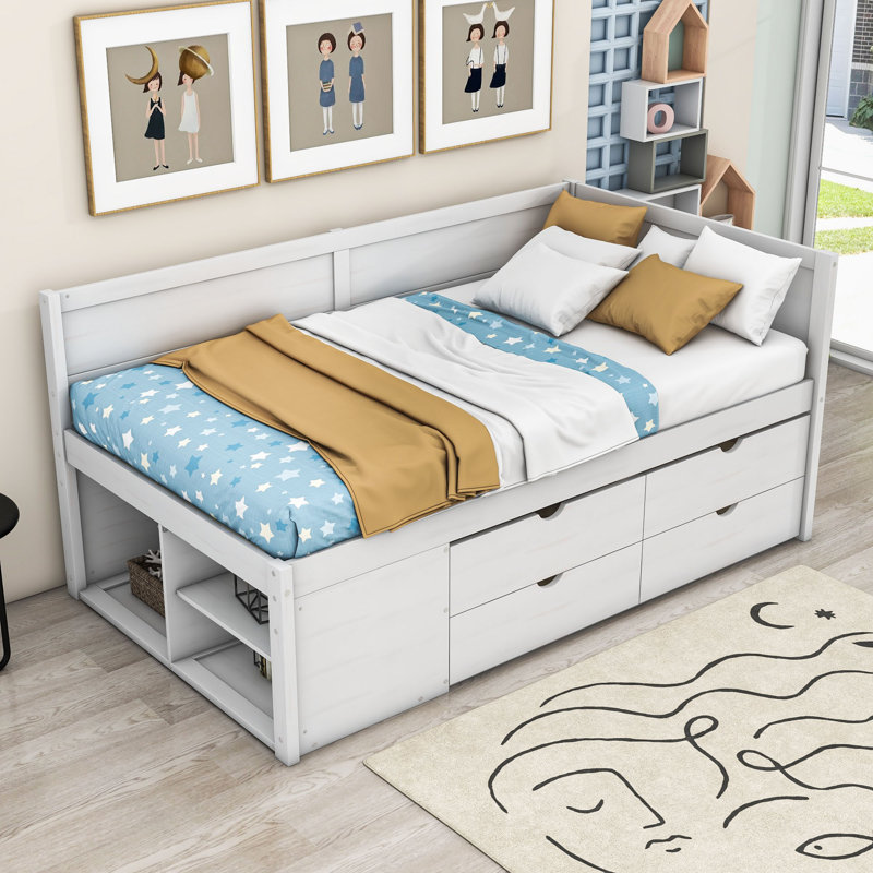 Kouta Wood Daybed with Drawers and Shelves, Twin, White