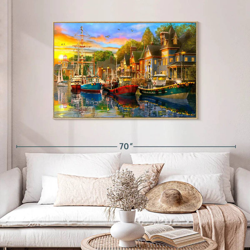 Lumières du port, Cadre flottant en bois naturel, 46 po x 31 po