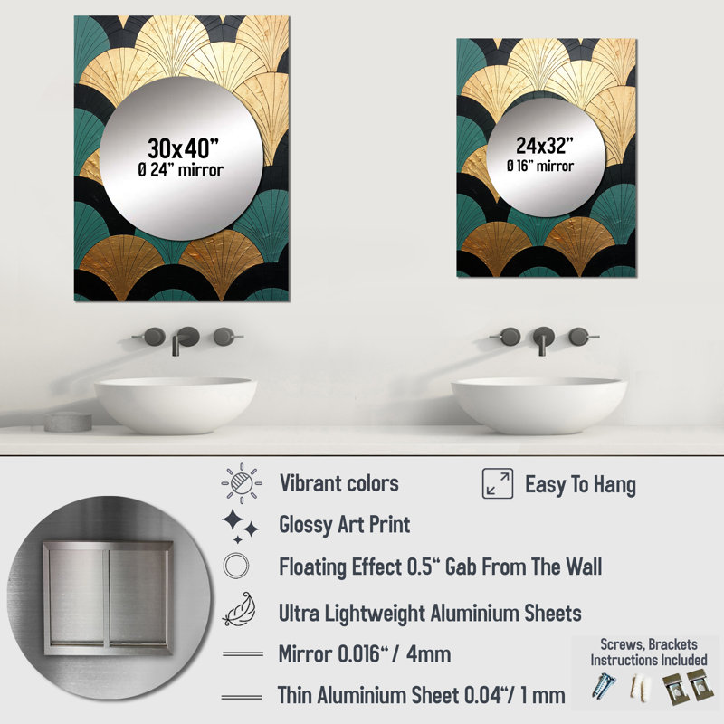 Morelia Emerald And Golden Arches - Abstract Shapes Large Wall Mirror, Gold Unique Mirror, Printed Metal Art, 32" x 24"