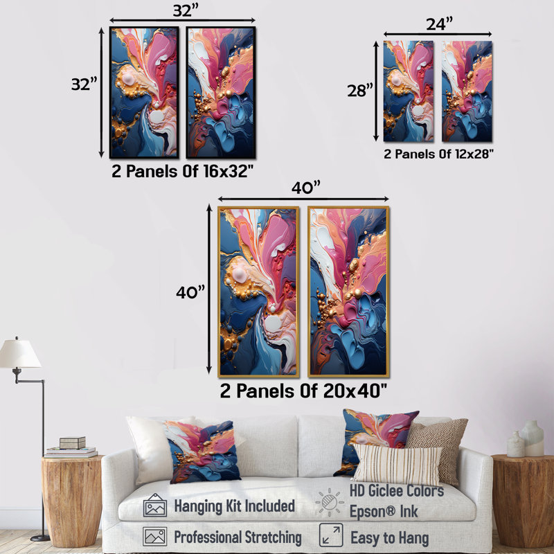 Trippy rose bleu abstrait liquide encre I - ensemble de 2 art mural abstrait encre liquide, Toile tendue, H 28 po x l 25 po