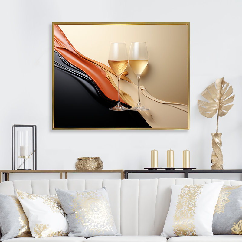 Bulles de champagne contrastées - Champagne, art mural, Cadre flottant doré, H 24 po x l 32 po x P 1 po