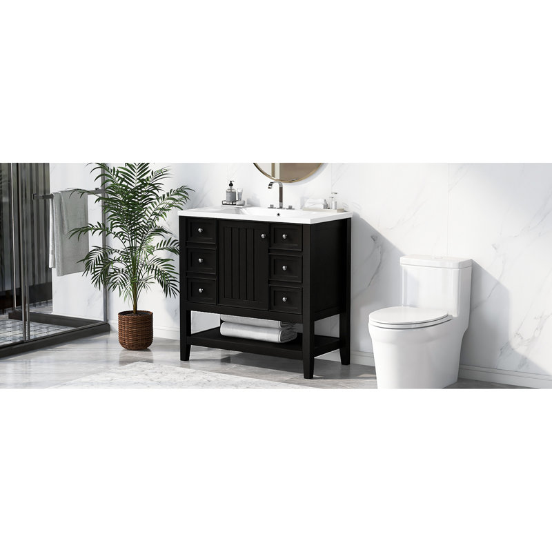 Meuble-lavabo de salle de bain - 1 porte et 3 tiroirs en bois massif et noir, profondeur 36 po