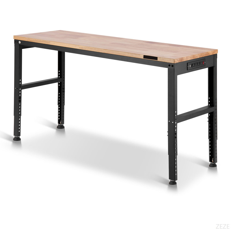 Établi réglable en hauteur, table de garage de 61 po x 20 po avec des hauteurs de 27,1 à 36 po et une capacité de charge de 2 000 lb, avec prises de courant, plateau en bois franc, structure en métal et patins, pour les bureaux d'atelier