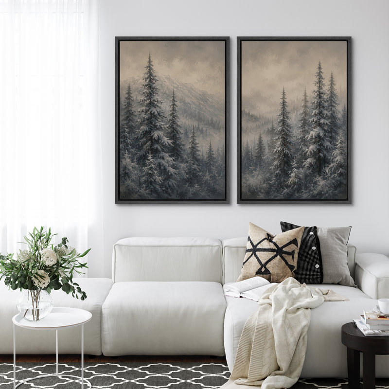 Reproduction enneigée de neige, forêt de pin et paysage de montagne brumeux, 36" H x 24" W x 1.5" D, Black
