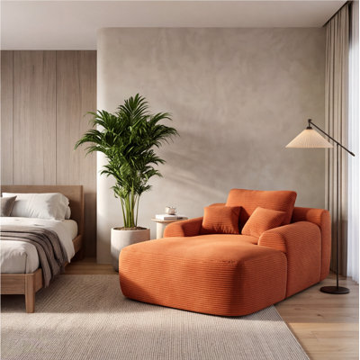 Convertible Boneless Chaise Lounge Chair, Plush Corduroy Sleeper Sofa Bed with Wide Armrest and Throw Pillows, Orange – No Assembly Required