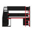 Lit mezzanine simple en bois à des fins de jeu, comprenant des escaliers pour le rangement, un bureau intégré, des tablettes et un panneau perforé-603650905-603650911