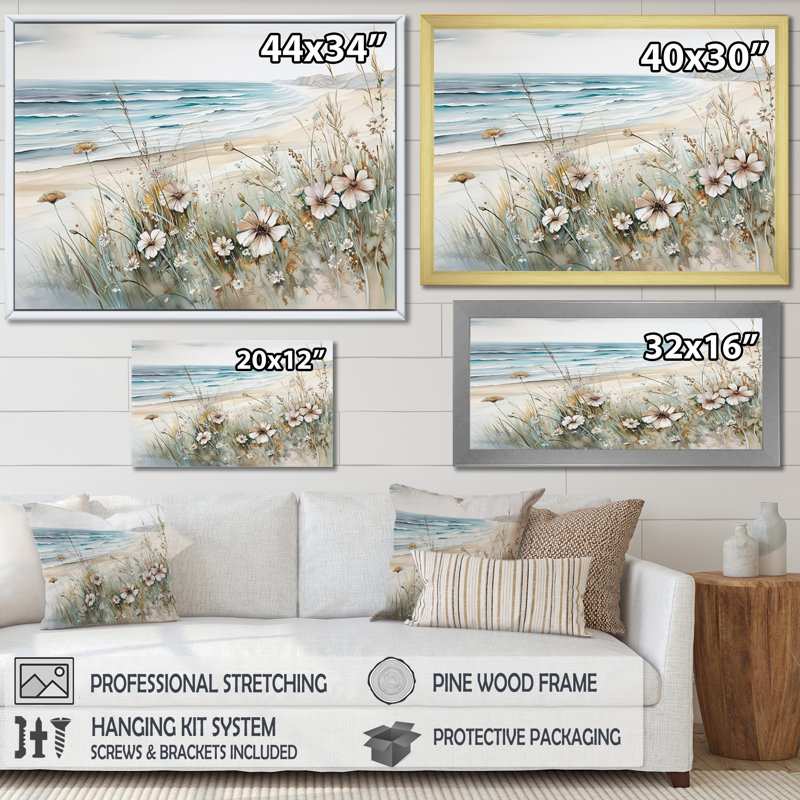 Fleurs sauvages sur la plage - Fleurs sauvages encadrées, H 16 po x l 32 po x P 1 po, Cadre flottant noir