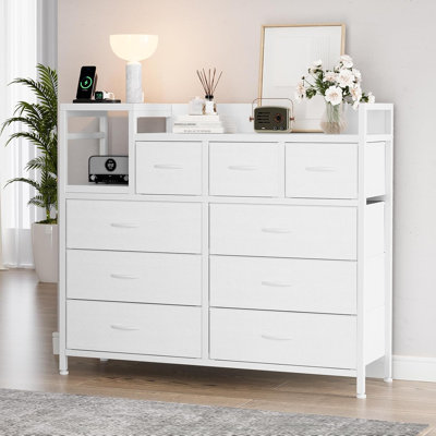 Modern 9-Drawer TV Stand with Charging Station & Power Outlets, Media Console Storage Dresser, Open Shelf Entertainment Center for Living Room, Bedroom