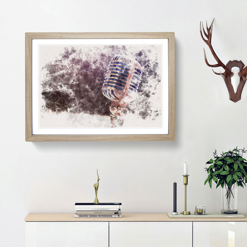 Steel Vocal Microphone - Picture Frame Graphic Art Print, 33cm H x 45cm W x 2cm D, Oak Framed